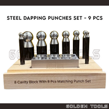 Load image into Gallery viewer, 9 Pcs Steel Dapping Punches &amp; Dapping Block Set Dome Punches and Block Handicraft Art DIY Jewellery Making Tools
