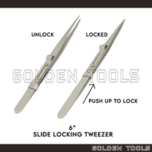 Load image into Gallery viewer, 6" Diamond Tweezer With Slide Locking With Serrated Tip For Holding Diamond, Bead And Stone Jewellery Hand Tools
